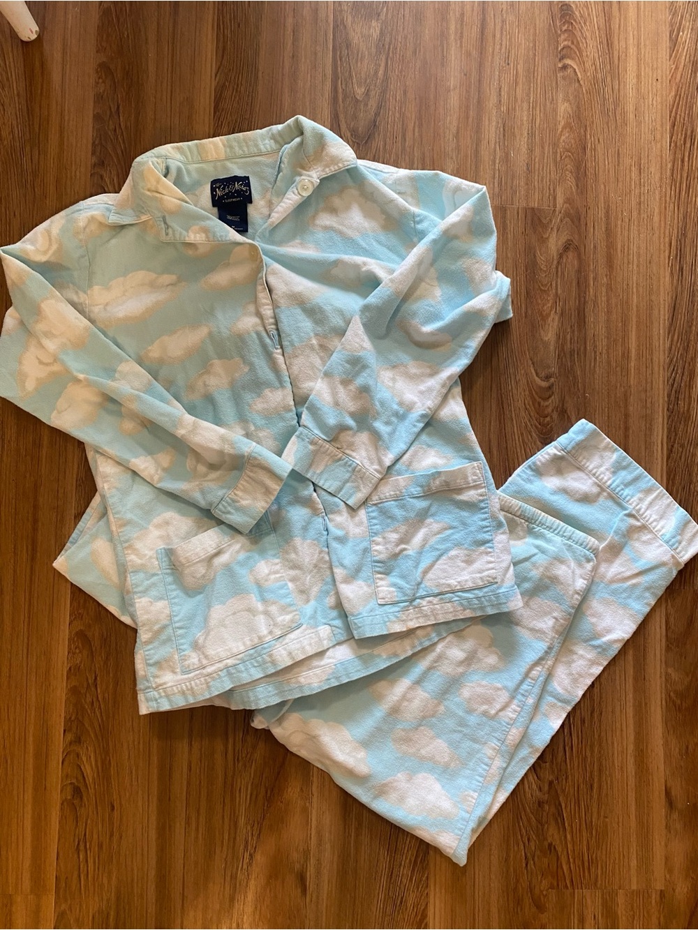 Vintage Nick & Nora Cloud Nine Pajama Set Blue White Clouds Cotton Flannel
